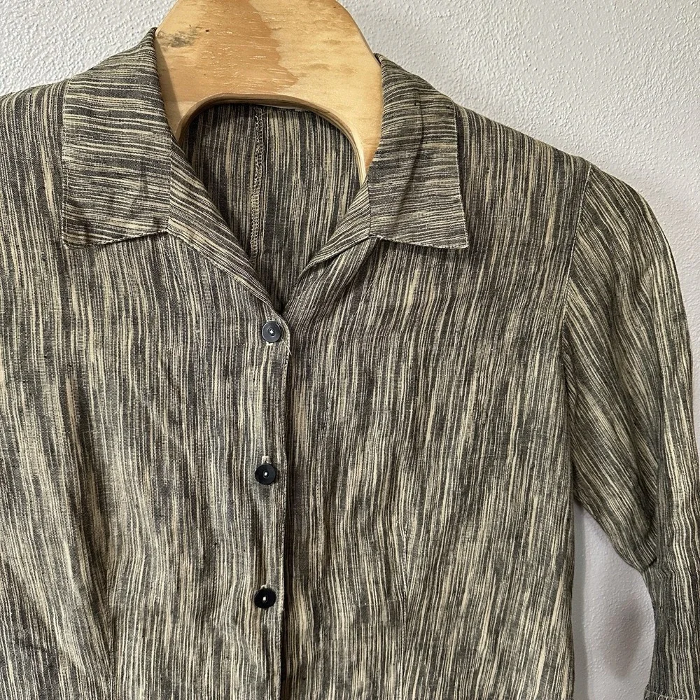 Cut Loose Oversized Boxy Linen Button Up Lagenlook Size Large Beige‎ Gray Stripe